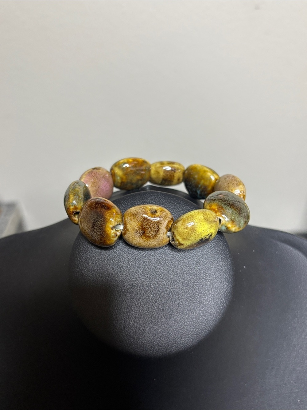 Boho Ceramic Bead Stretch Bracelet in Yellow-Green Tones